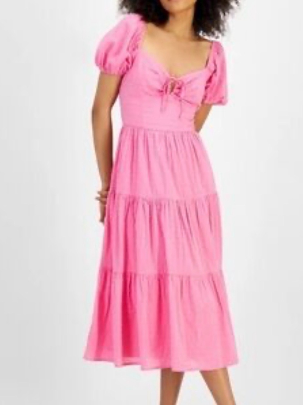 Kingston Grey Pink Textured Puff Sleeve Tiered Midi Dress size XS 0366